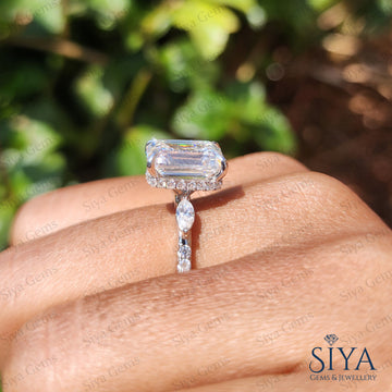 Drei Stein Smaragdschliff Moissanit Verlobungsring 14k Goldring Ehering Jubiläumsringe für Sie Smaragd Distanz Pave Ring