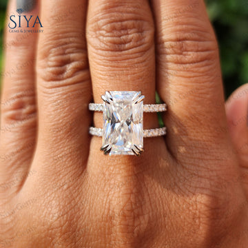 Strahlend geschliffener Moissanit-Diamantring, Verlobungsring aus massivem Weißgold, strahlender versteckter Heiligenscheinring, Doppelbandring, Jubiläumsring für Frauen