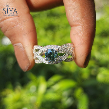 Cyan Blue Moissanite Ring Round Cut Diamond Infinity Engagement Ring Solid Rose Gold Elegant Proposal Ring Unique Anniversary Ring for Women