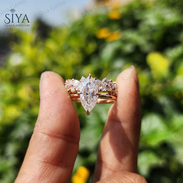 Marquise Cut Lab-Grown Diamond Ring Set 14K Solid Gold Vintage Engagement Ring Matching Wedding Band