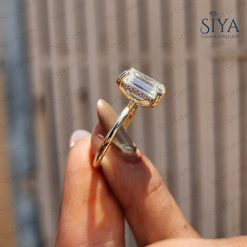 Emerald Cut Lab-Grown Diamond Ring Double Claw Prong Solitaire Hidden Halo Engagement Ring Gift for Her