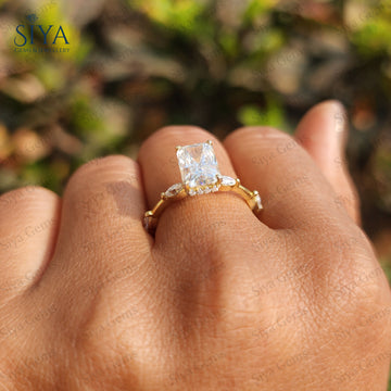 3CT Radiant Cut Moissanit Verlobungsring Radiant Cut Distance Pave Band 14k Massivgold Ehering Versteckter Heiligenschein Ring Jubiläumsring