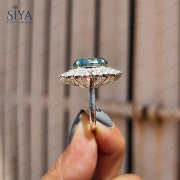 Cyan Blau Oval Moissanit Verlobungsring Vintage Stern Brust Double Halo Ehering 18k Massivgold Jubiläumsring Versprechensring für Sie