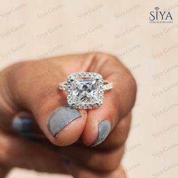 Princess Cut Lab-Grown Diamond Halo Engagement Ring 14K Solid Gold Square Wedding Ring Gift for Her