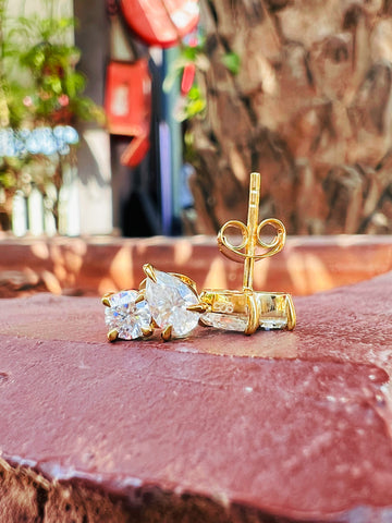 Toi et Moi Stud Earrings 1.24 TW Round & Pear Cut Moissanite Earring Studs For Wedding Party Women, Diamond White, Rose, Yellow Gold Earring