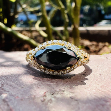 2.50 CT East West Marquise Cut Onyx Engagement Ring Eye Shape Black Onyx Halo Gold Gemstone Ring Unique Statement Cocktail Ring halloween, Ring for Women, Anniversary Gift for Her